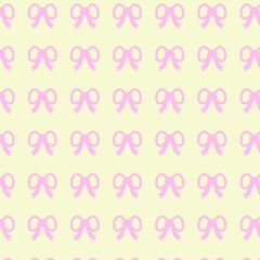 Seamless pattern with delicate pink bows on a soft pastel yellow background. Hand drawn doodle pink bows pattern background with doodle style. Doodle pink bows pattern background with kawaii design. 
