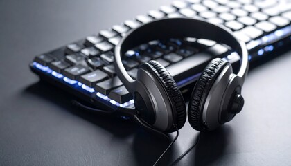 Black Headset Resting on Lit Keyboard with Blue Illumination in Low Key Lighting