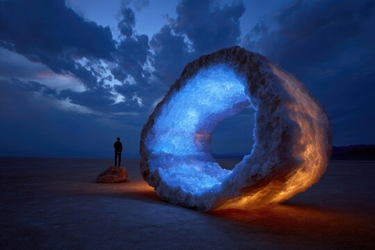 Large, glowing, salt-like structure.  Silhouetted figure.  Twilight sky