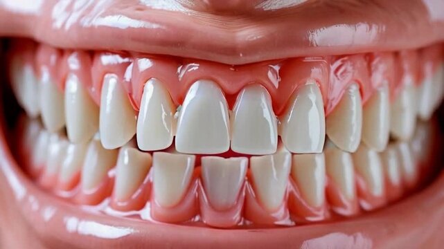 Denture. False jaw. A perfectly made denture - close-up photo. Highly detailed denture, replicating the look of real teeth