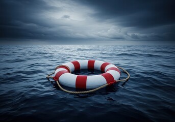 Naklejka premium Lifebuoy floating on the ocean under a stormy sky symbolizing help and rescue