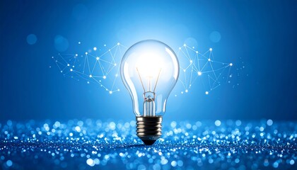 Illuminated lightbulb on a blue background with abstract connections