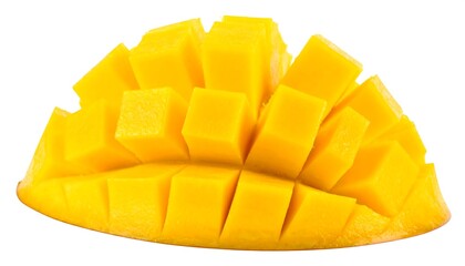Vibrant and fresh mango fruit piece, cut into cubes for a tropical treat