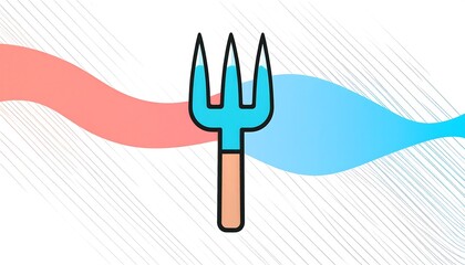 A simple, stylized illustration of a garden fork against a background of flowing, pastel color waves.