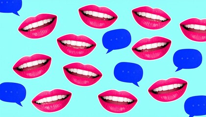 Vibrant Collage Featuring Smiling Lips and Conversation Bubbles Pattern