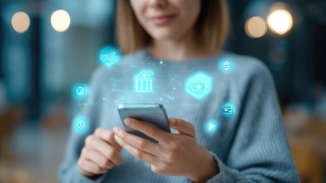 Fintech mobile banking concept with woman using smartphone and digital payment interface