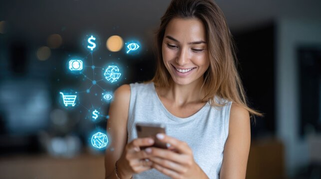 Fintech mobile banking concept with woman using smartphone and digital payment interface - Powered by Adobe