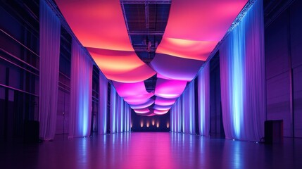 Vibrant event space illuminated with dramatic pink and blue lighting creating a modern, sophisticated atmosphere