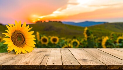 A vibrant sunflower rests on a rustic wooden surface, bathed in the warm hues of a picturesque sunset over a field of sunflowers.