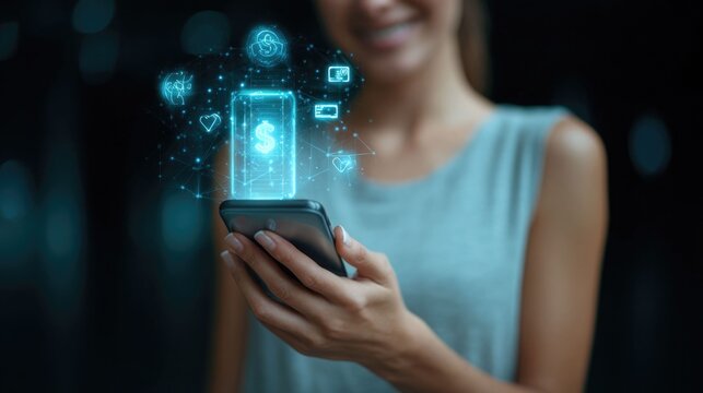 Fintech mobile banking concept with woman using smartphone and digital payment interface - Powered by Adobe