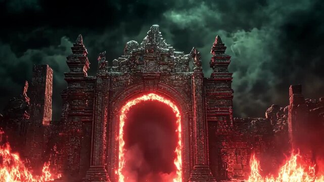 Mysterious stone gate with fiery portal. Fantasy, dark, and ominous scene.