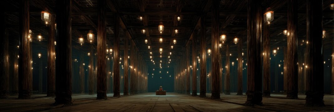 Mysterious, dimly lit hall with numerous hanging lamps and pillars