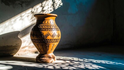A terracotta vase with intricate carved designs sits in a dimly lit room, casting dramatic shadows on the concrete floor.