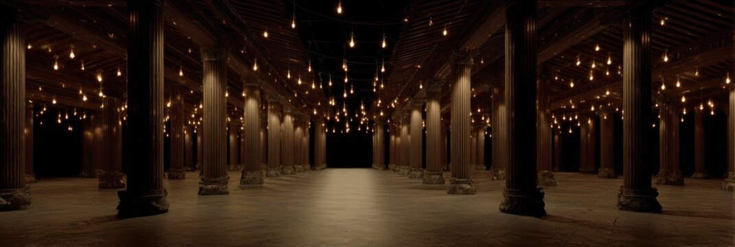 Dark, colonnaded hall with numerous hanging lights