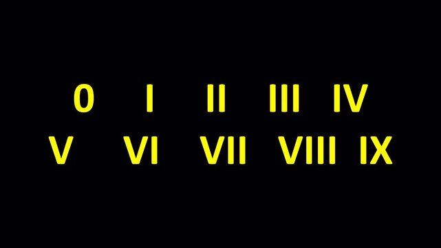 A complete set of yellow roman numerals from one to nine with the arabic numeral zero for learning and counting systems