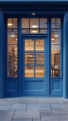 Inviting blue storefront entrance with warm interior lighting and stocked shelves, beckoning customers inside.