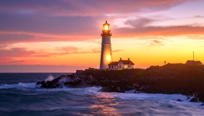 Lighthouse at sunrise over turbulent water