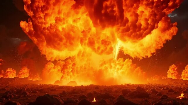 Inferno explosions engulf rocky landscape in fiery apocalypse scene, intense action
