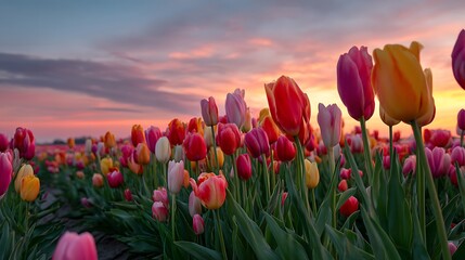 Tulip Field at Sunset with Colorful Sky: Rows of Vibrant Tulips in Bloom Under a Dramatic Sky, Capturing the Beauty of Spring in the Netherlands