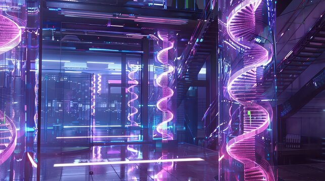 Futuristic laboratory interior with dna helix structures and neon lighting design elements present throughout - Powered by Adobe