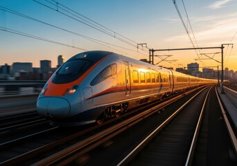 Fototapeta premium High Speed Train Approaching a City at Sunset with Motion Blur