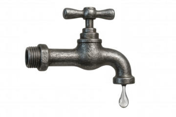 Metal faucet dripping water on transparent background, representing water waste, plumbing issues, and resource conservation