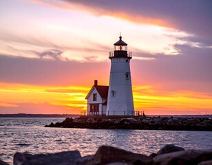 Lighthouse at sunset over water (2)