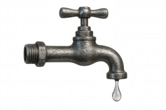 Metal faucet dripping water on transparent background, representing water waste, plumbing issues, and resource conservation