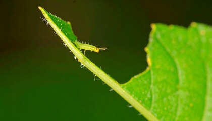 Fototapeta premium A small, vibrant green insect crawls along a plant stem, positioned on a torn green leaf.