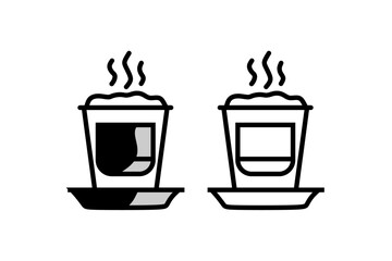 A set of two black and white icons of a hot coffee or tea in a paper cup with steam. One icon is a filled version, and the other is an outline. Ideal for coffee shop menus, apps, and websites.