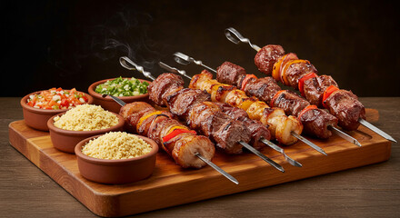 Grilled meat skewers with side dishes on a wooden board