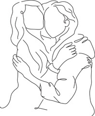 One line art of two lesbian women embracing and holding hands, a minimalist continuous drawing for a logo or tattoo design.. Stock vector illustration