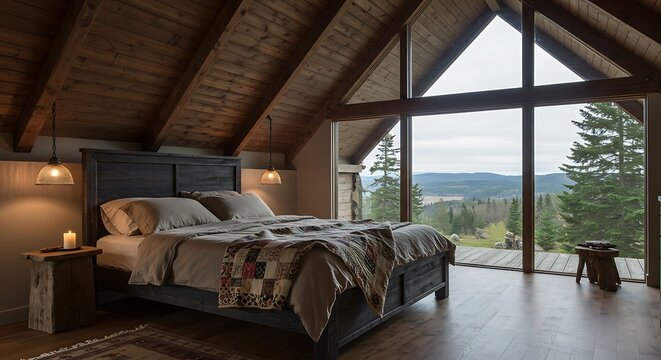 Serene rustic bedroom interior in a cozy mountain cabin with a large window showcasing a tranquil forest and lake landscape view - Powered by Adobe