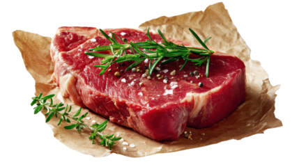 Fresh raw steak with herbs on paper background, ready for cooking or grilling.