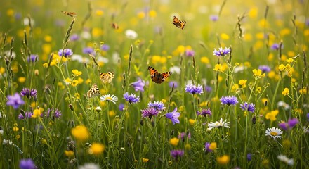 Vibrant Meadow Butterflies Dancing Among Wildflowers Under Sunny Skies