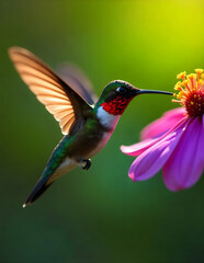 Fototapeta premium Iridescent Emerald Hummingbird Feeding in the Jungle
