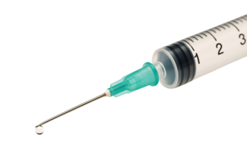 A sterile medical syringe with a green needle cap and measurement markings for injections and fluid administration, isolated on a transparent background