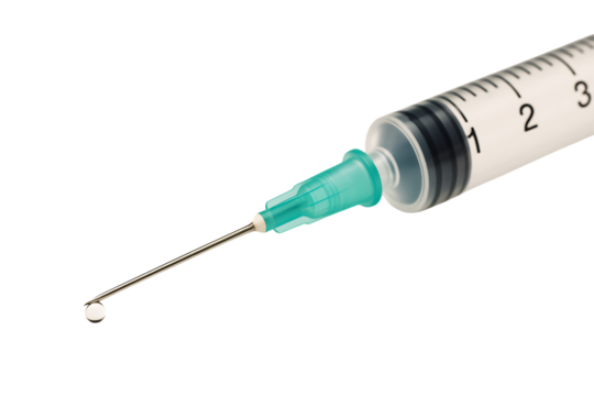 A sterile medical syringe with a green needle cap and measurement markings for injections and fluid administration, isolated on a transparent background