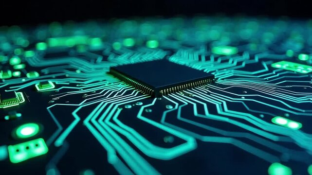 Stunning green glowing circuit board with modern processor video, futuristic tech