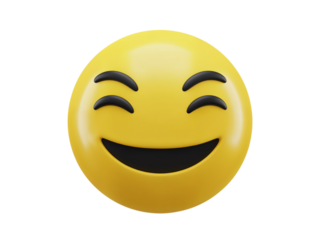 A cheerful yellow emoji with closed eyes and a wide open mouth smiling happily isolated on transparent background