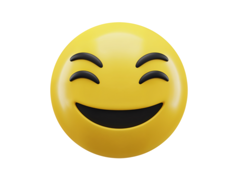 A cheerful yellow emoji with closed eyes and a wide open mouth smiling happily isolated on transparent background - Powered by Adobe