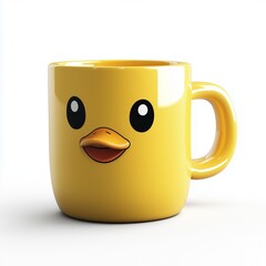 Coffee mug with duck cartoon face smile, isolated white