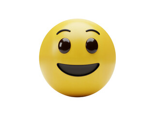Fototapeta premium A cheerful yellow smiley face emoji with big dark eyes and a wide open mouth isolated on transparent background