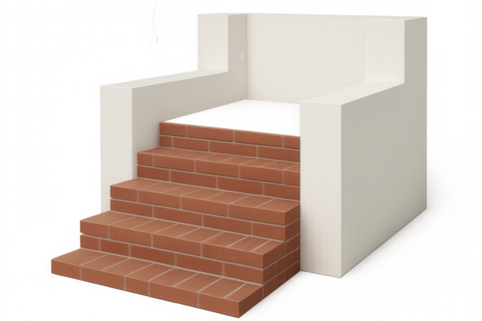 3d rendering of a brick staircase leading to a white platform, creating a simple yet elegant design on a transparent background
