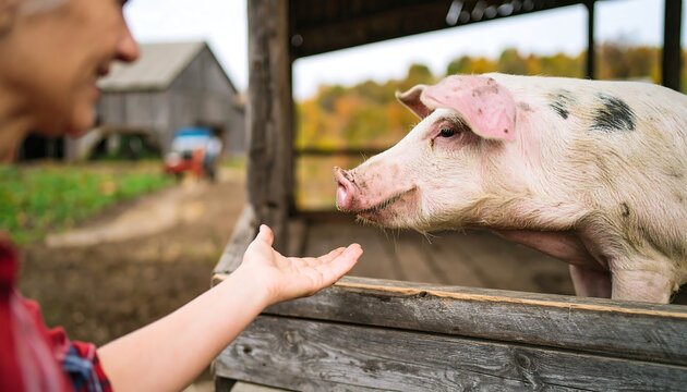 A farmer extends a hand to a pig, interacting on a rural farm.