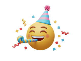 Joyful laughing emoji wearing a party hat and blowing a noisemaker surrounded by confetti isolated on transparent background