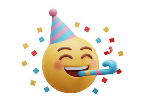 Joyful laughing emoji wearing a party hat with a noisemaker and confetti celebrating a happy event isolated on transparent background