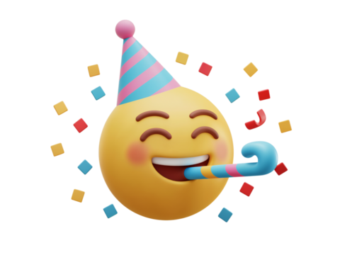 Joyful laughing emoji wearing a party hat with a noisemaker and confetti celebrating a happy event isolated on transparent background - Powered by Adobe
