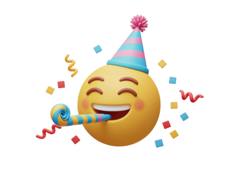 Joyful laughing emoji wearing a party hat and blowing a noisemaker surrounded by confetti isolated on transparent background