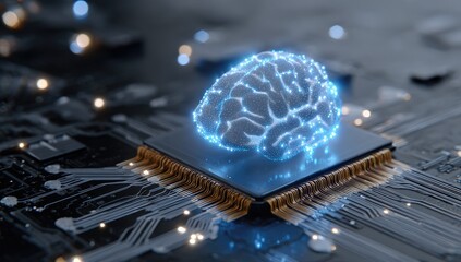 A digital brain rests atop a computer chip, surrounded by circuit board
